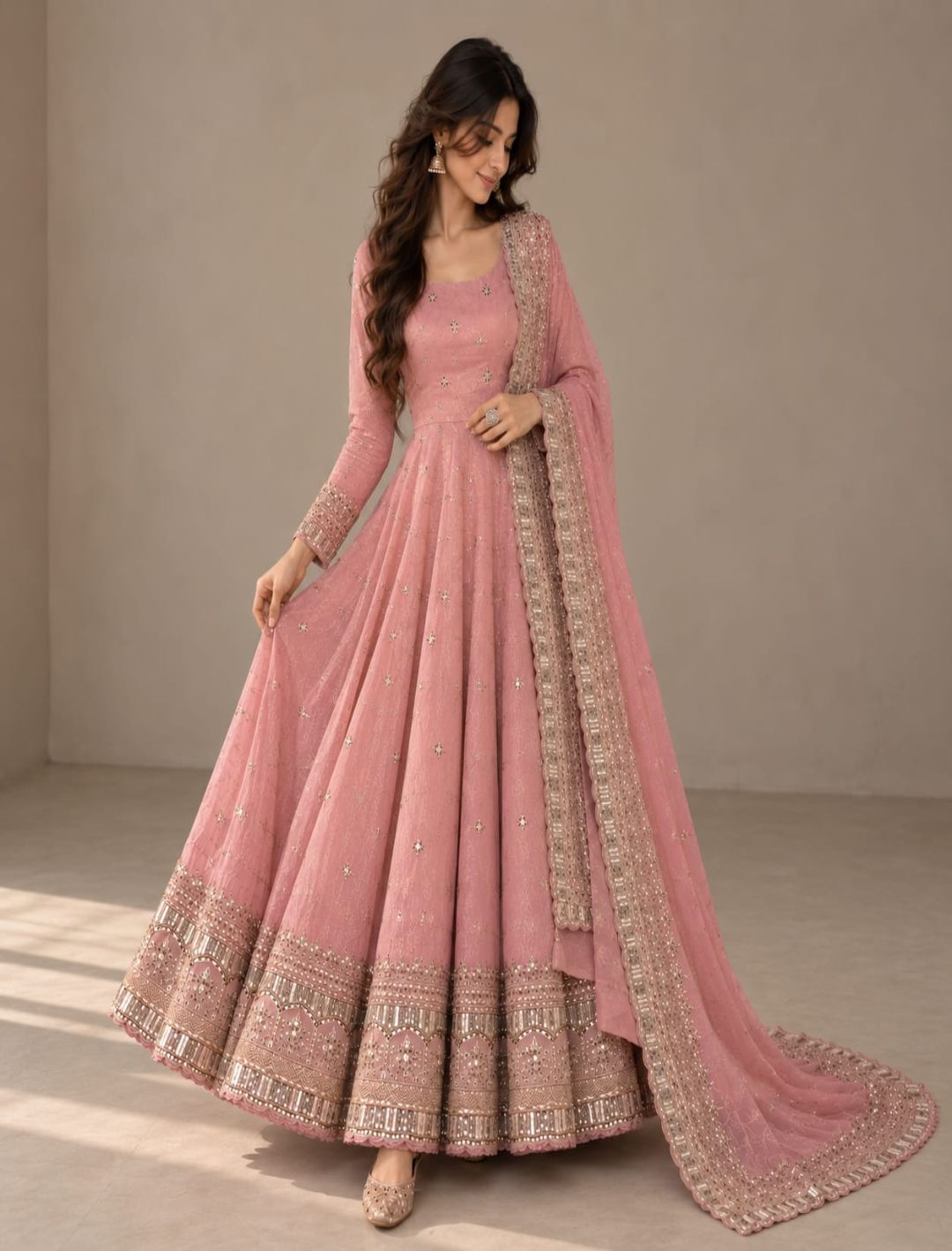 Premium Fandy Silk Embroidered Anarkali Set with Dupatta
