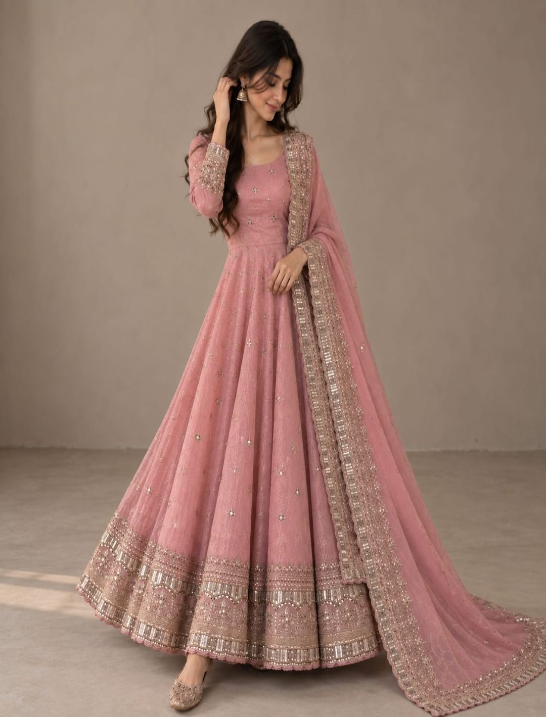 Premium Fandy Silk Embroidered Anarkali Set with Dupatta