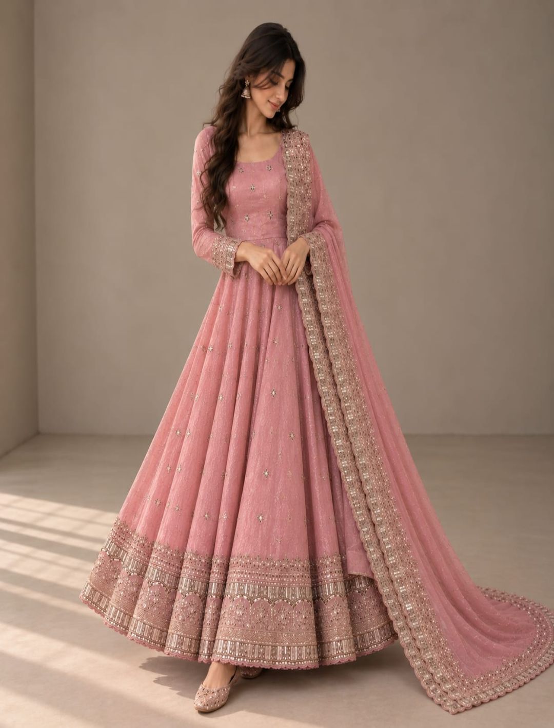 Premium Fandy Silk Embroidered Anarkali Set with Dupatta
