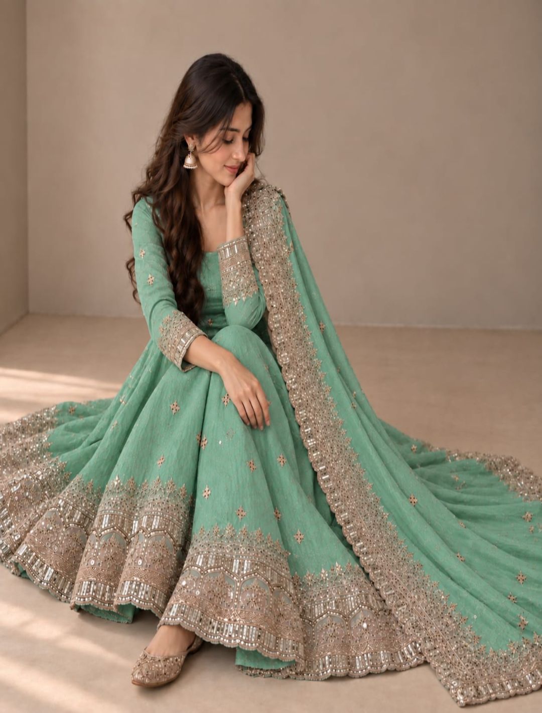 Premium Fandy Silk Embroidered Anarkali Set with Dupatta