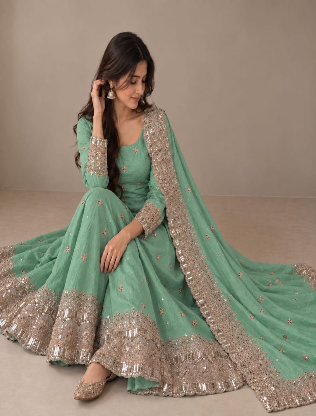 Premium Fandy Silk Embroidered Anarkali Set with Dupatta