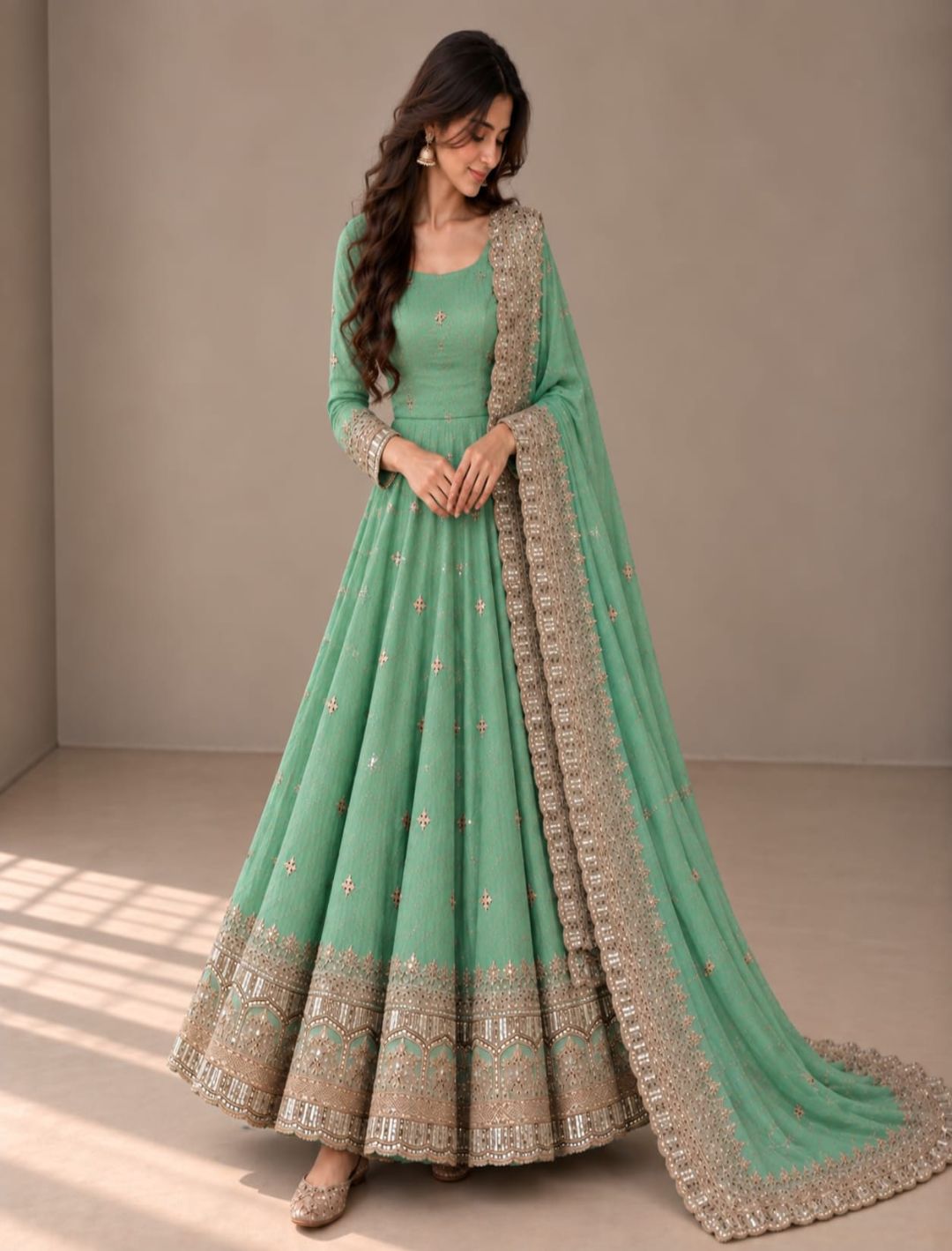 Premium Fandy Silk Embroidered Anarkali Set with Dupatta