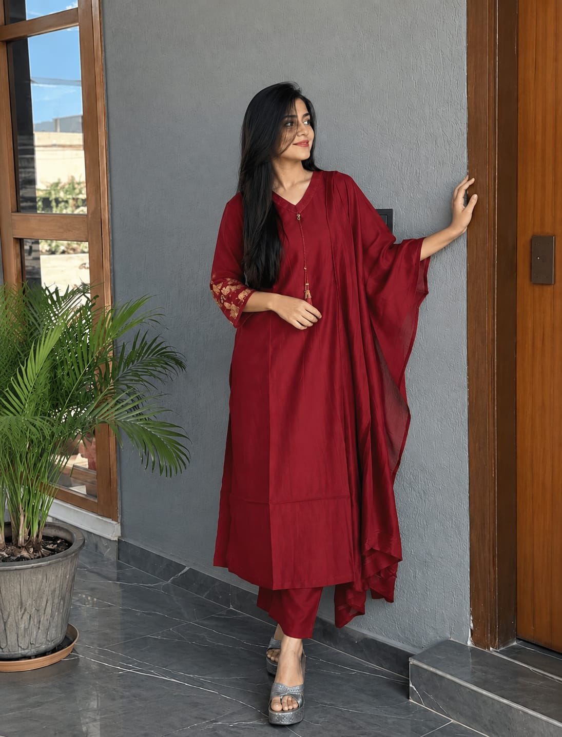 Premium Viscose Embroidered Anarkali Kurta Trouser Set with Dupatta