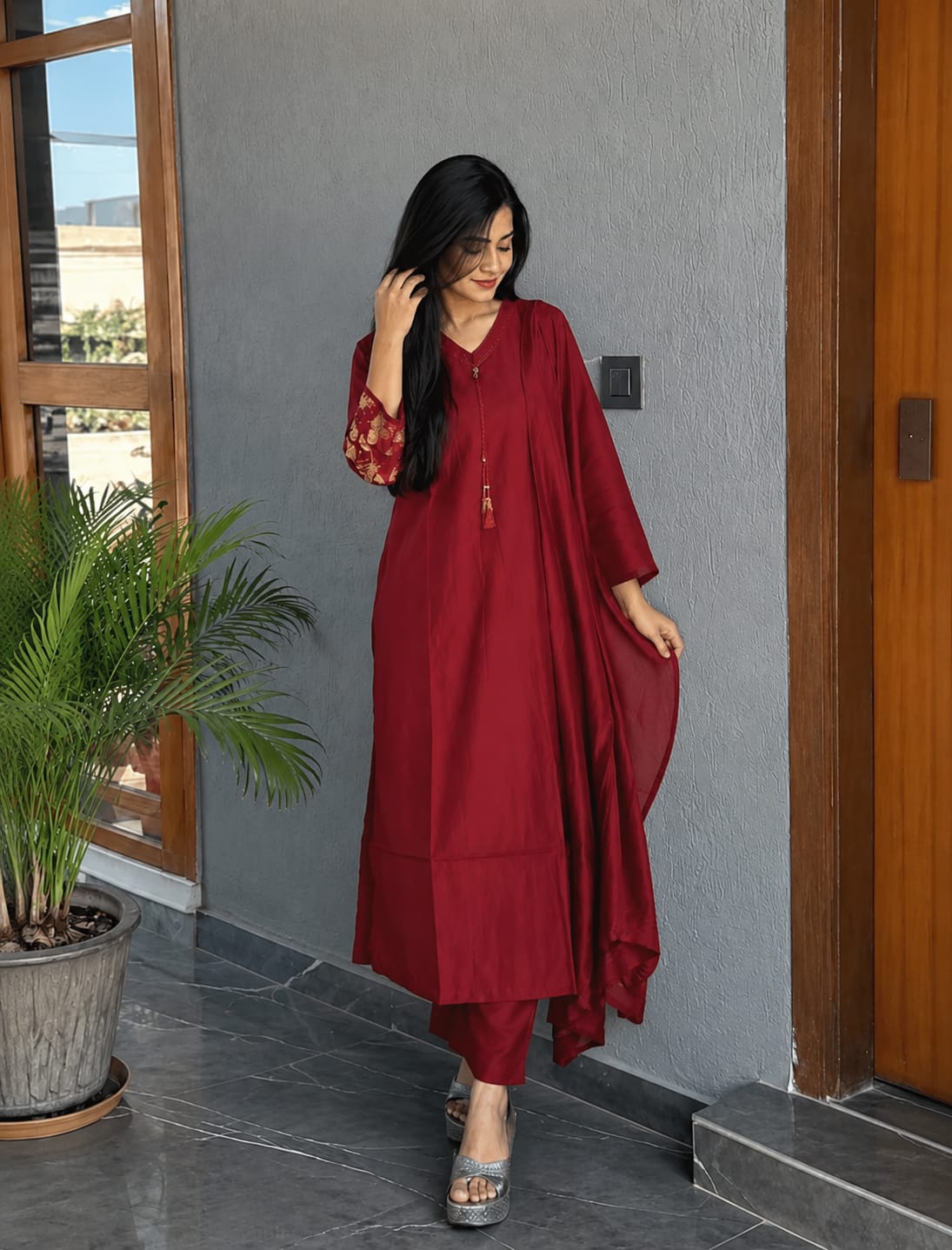 Premium Viscose Embroidered Anarkali Kurta Trouser Set with Dupatta