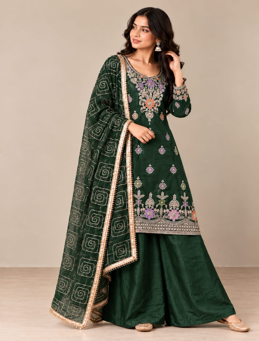 Premium Threadwork Kurta Palazzo Set with Dupatta