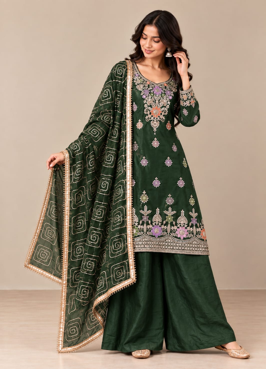 Premium Threadwork Kurta Palazzo Set with Dupatta