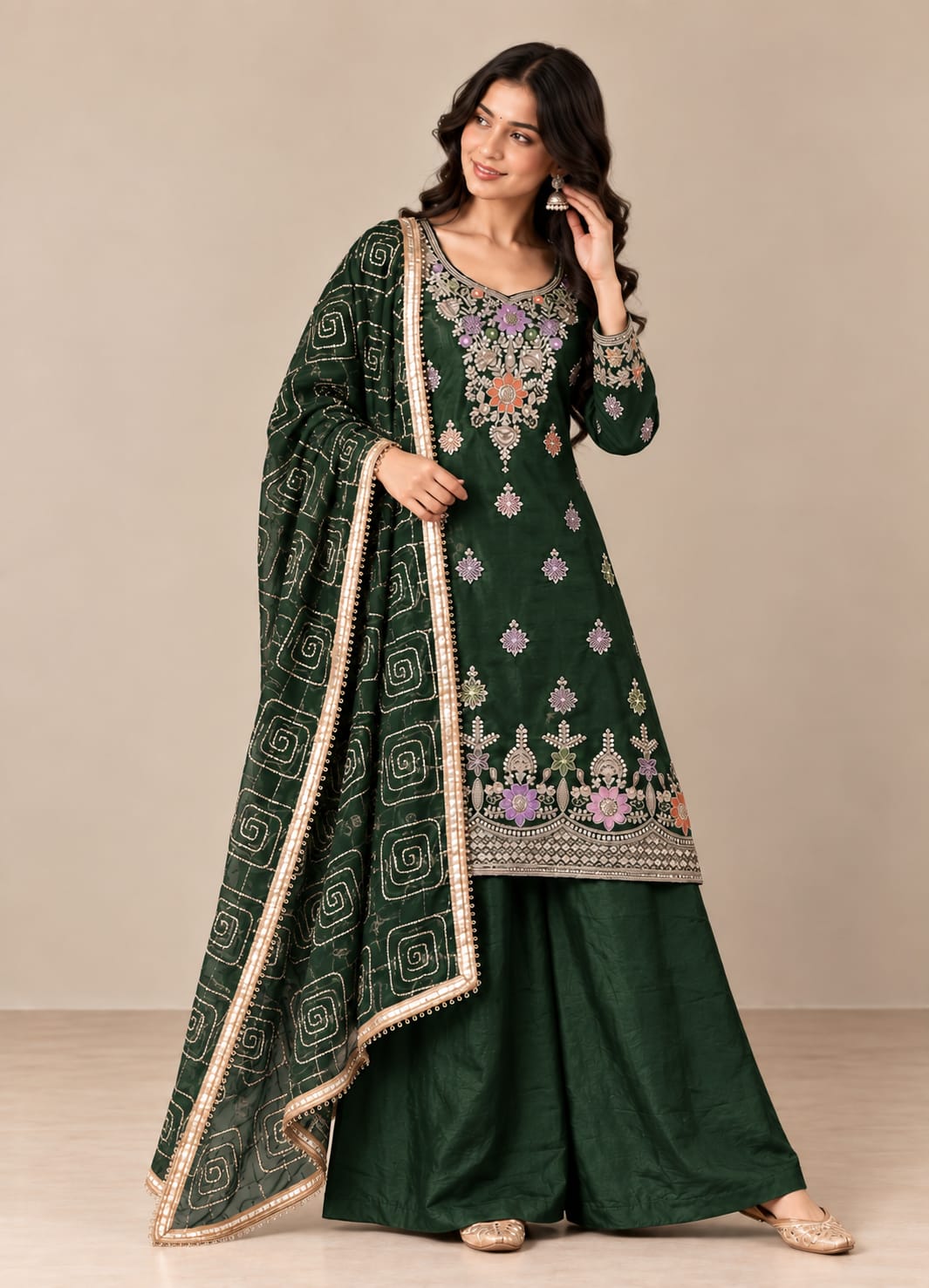 Premium Threadwork Kurta Palazzo Set with Dupatta