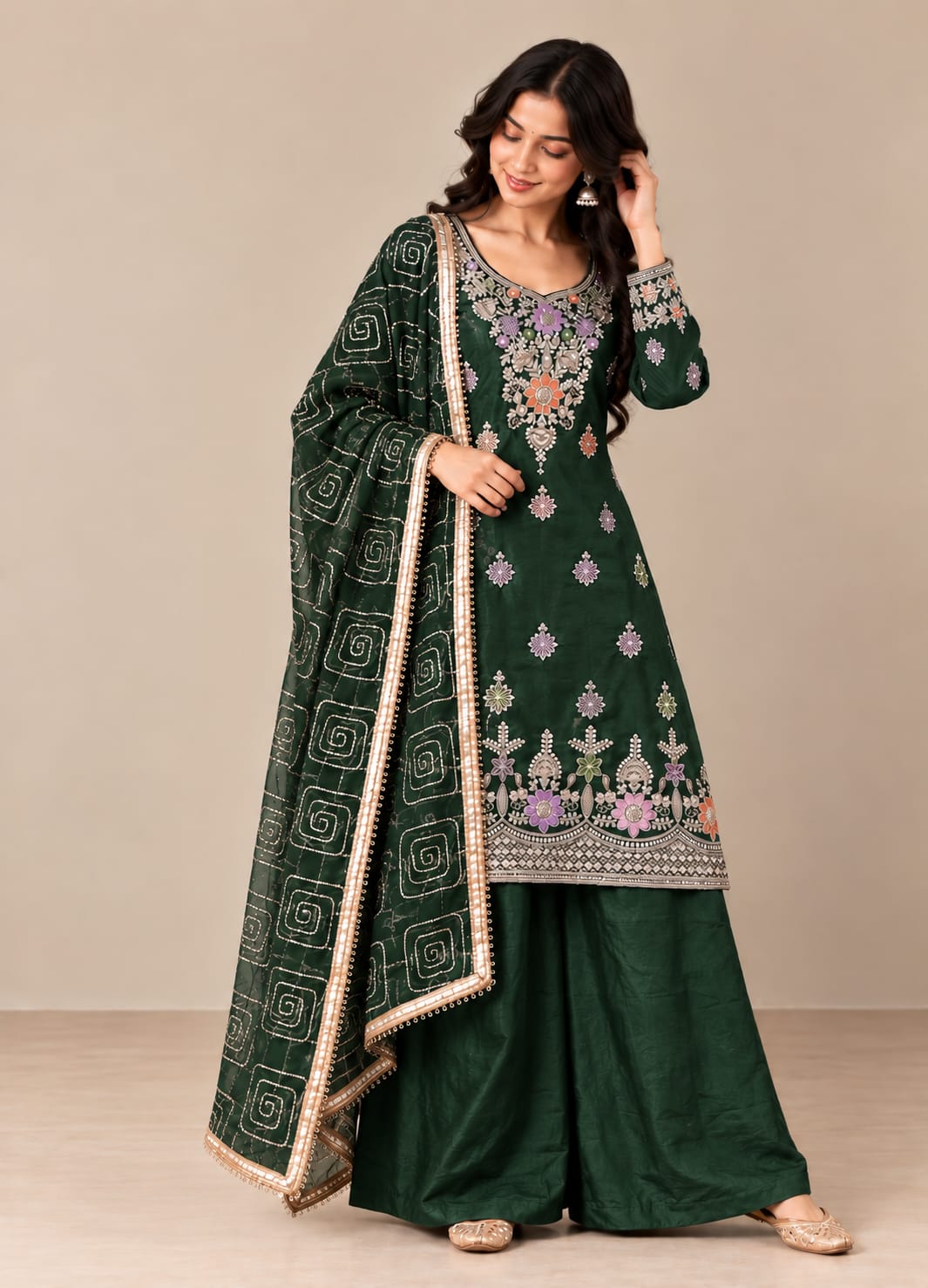 Premium Threadwork Kurta Palazzo Set with Dupatta