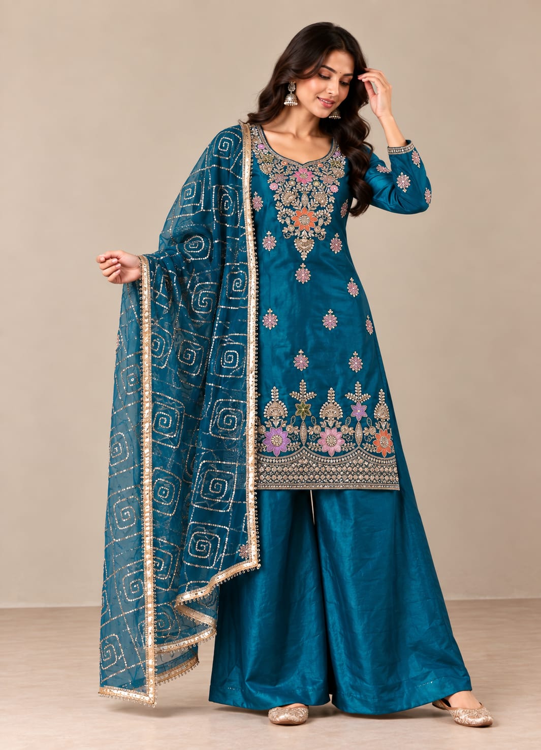 Premium Threadwork Kurta Palazzo Set with Dupatta