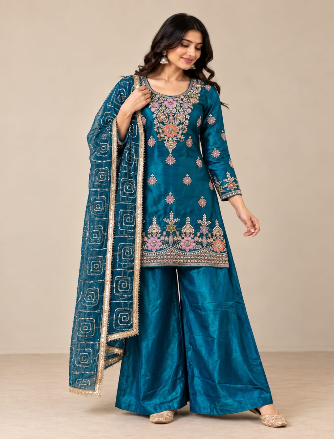 Premium Threadwork Kurta Palazzo Set with Dupatta