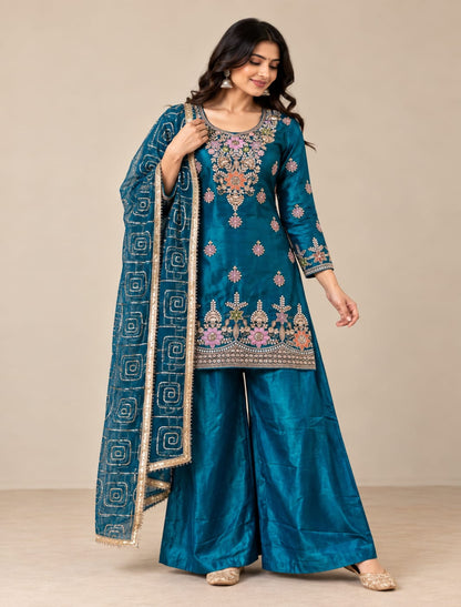 Premium Threadwork Kurta Palazzo Set with Dupatta