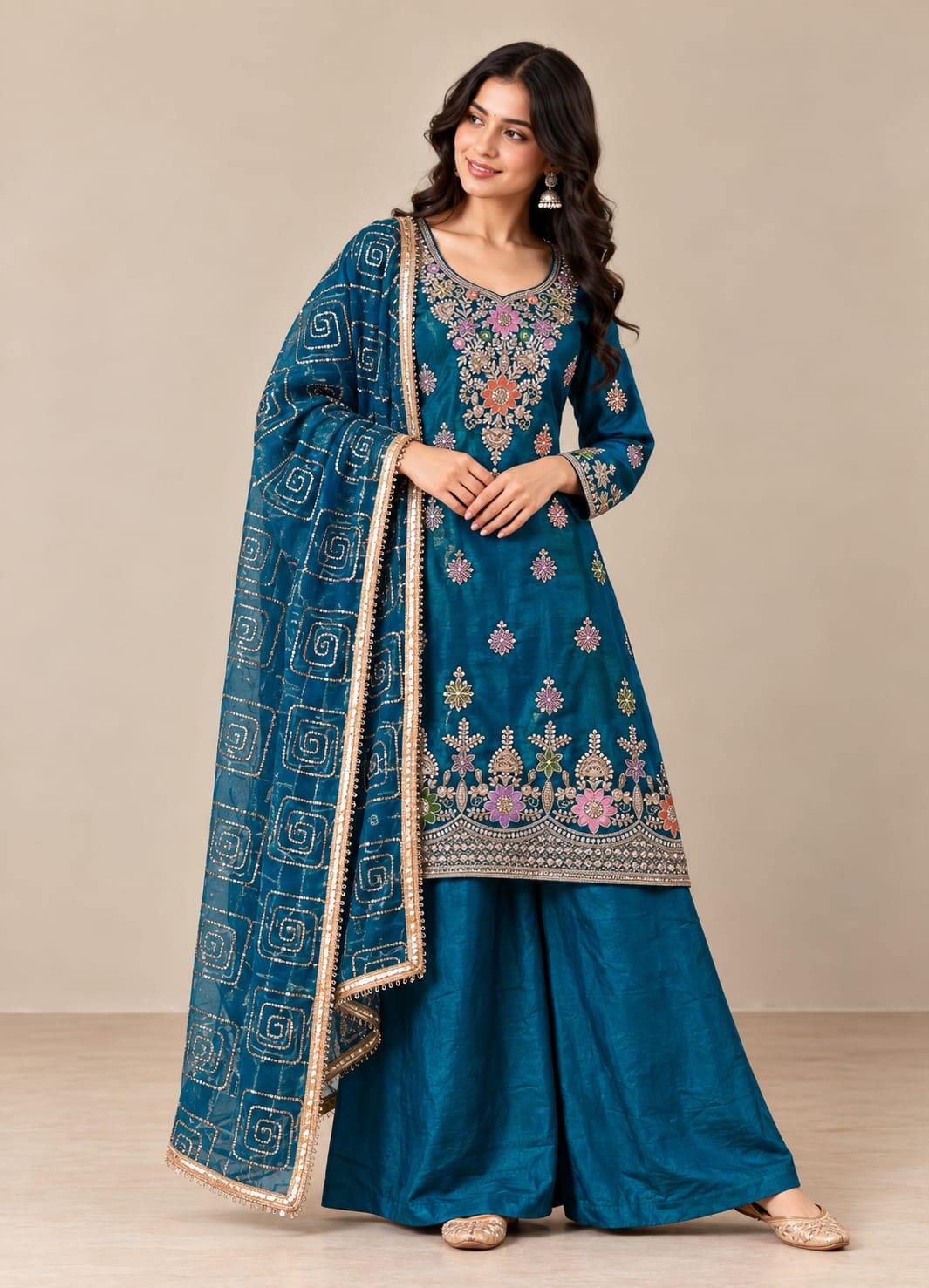 Premium Threadwork Kurta Palazzo Set with Dupatta