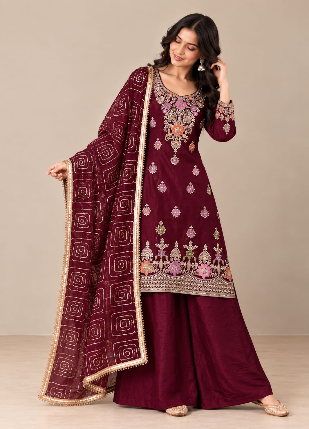 Premium Threadwork Kurta Palazzo Set with Dupatta