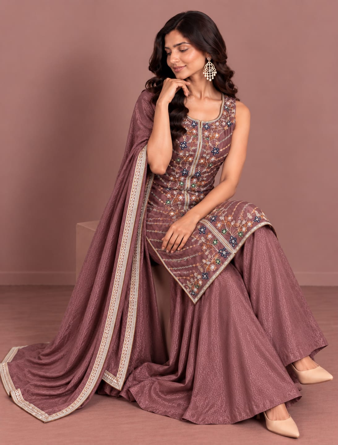 Premium Embroidered Kurta with Flared Palazzo & Dupatta