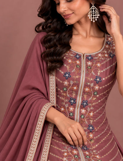 Premium Embroidered Kurta with Flared Palazzo & Dupatta