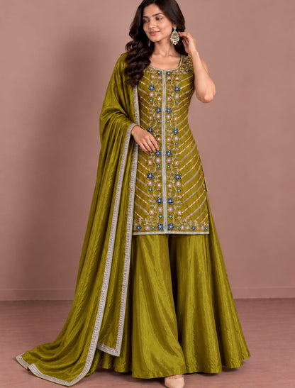 Premium Embroidered Kurta with Flared Palazzo & Dupatta