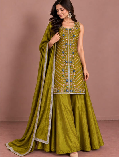 Premium Embroidered Kurta with Flared Palazzo & Dupatta