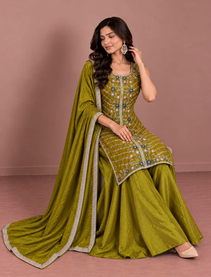 Premium Embroidered Kurta with Flared Palazzo & Dupatta