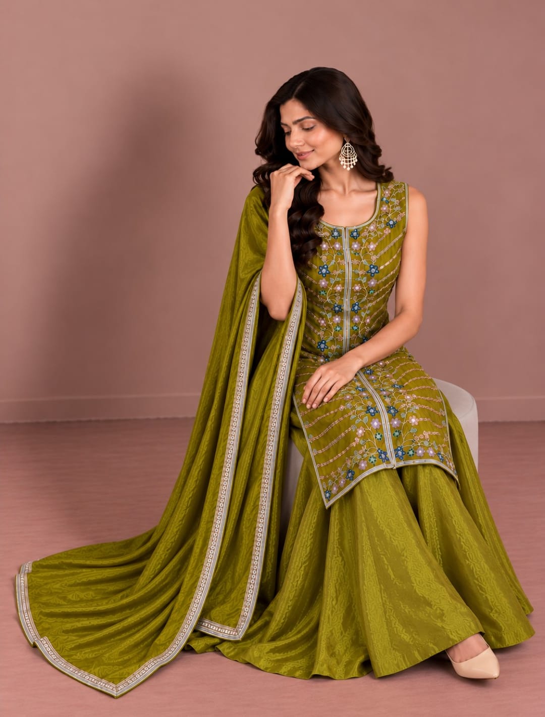 Premium Embroidered Kurta with Flared Palazzo & Dupatta