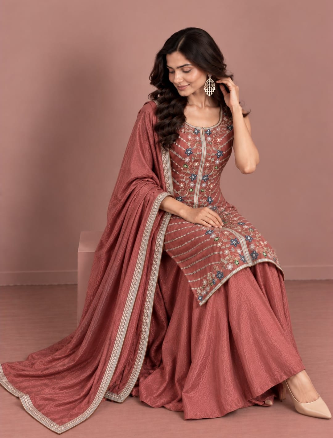 Premium Embroidered Kurta with Flared Palazzo & Dupatta