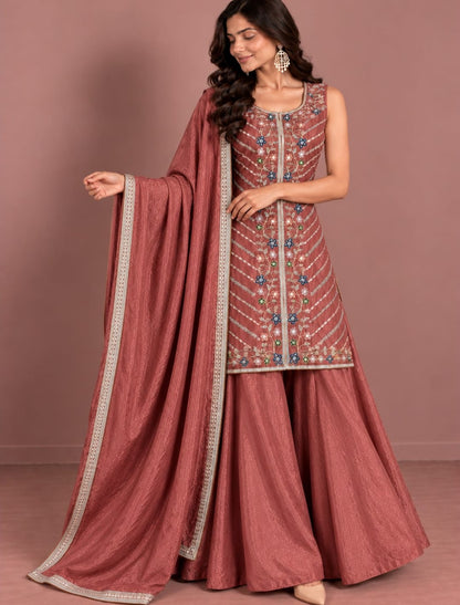 Premium Embroidered Kurta with Flared Palazzo & Dupatta