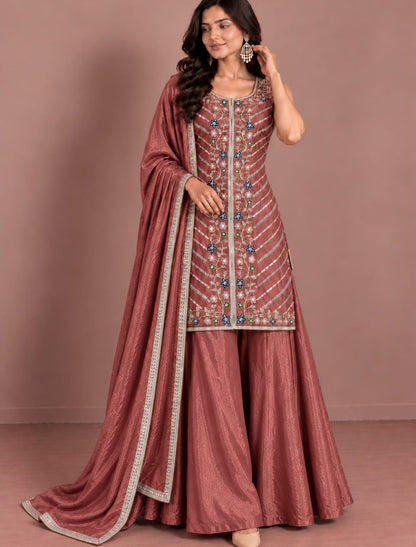 Premium Embroidered Kurta with Flared Palazzo & Dupatta