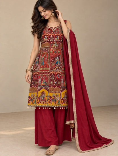 Premium Heritage Print Handwork Kurta Palazzo Set with Dupatta