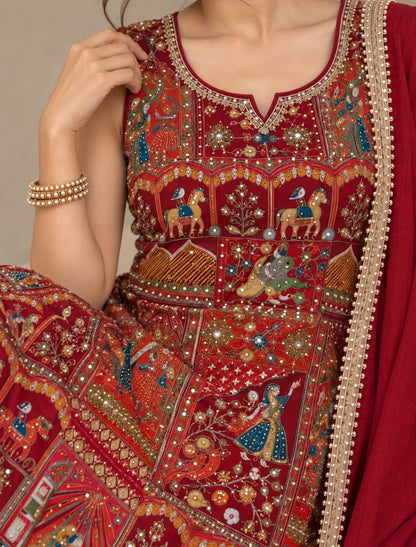 Premium Heritage Print Handwork Kurta Palazzo Set with Dupatta