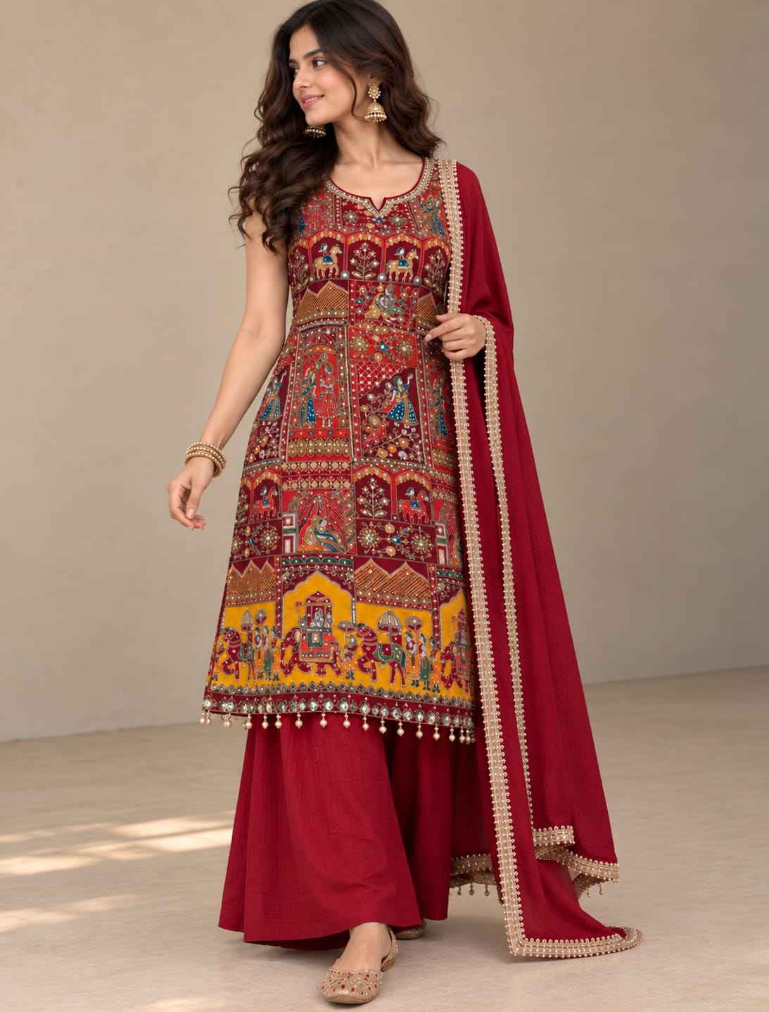 Premium Heritage Print Handwork Kurta Palazzo Set with Dupatta