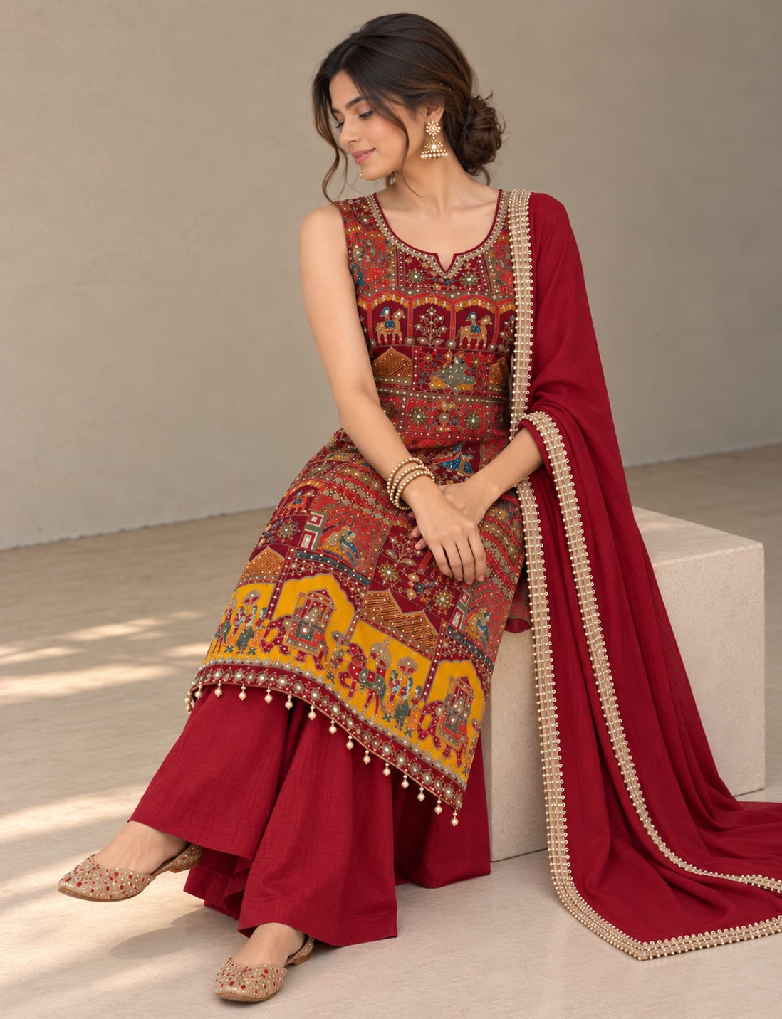 Premium Heritage Print Handwork Kurta Palazzo Set with Dupatta