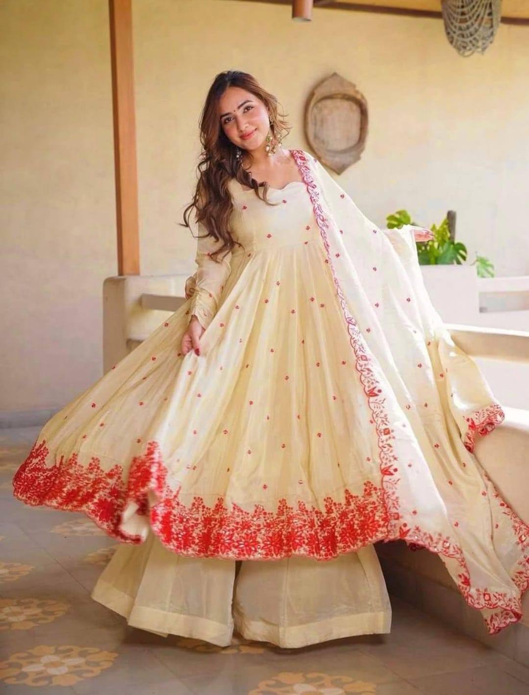 Women Embroidered Art Silk Anarkali with Palazzo & Dupatta