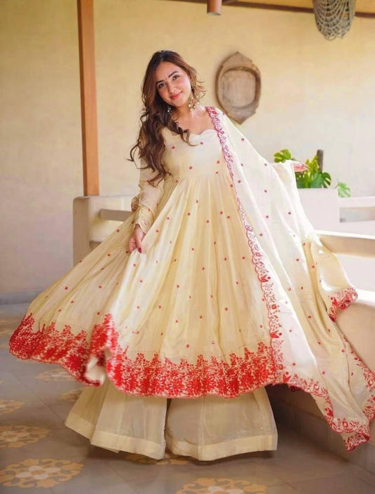 Women Embroidered Art Silk Anarkali with Palazzo & Dupatta