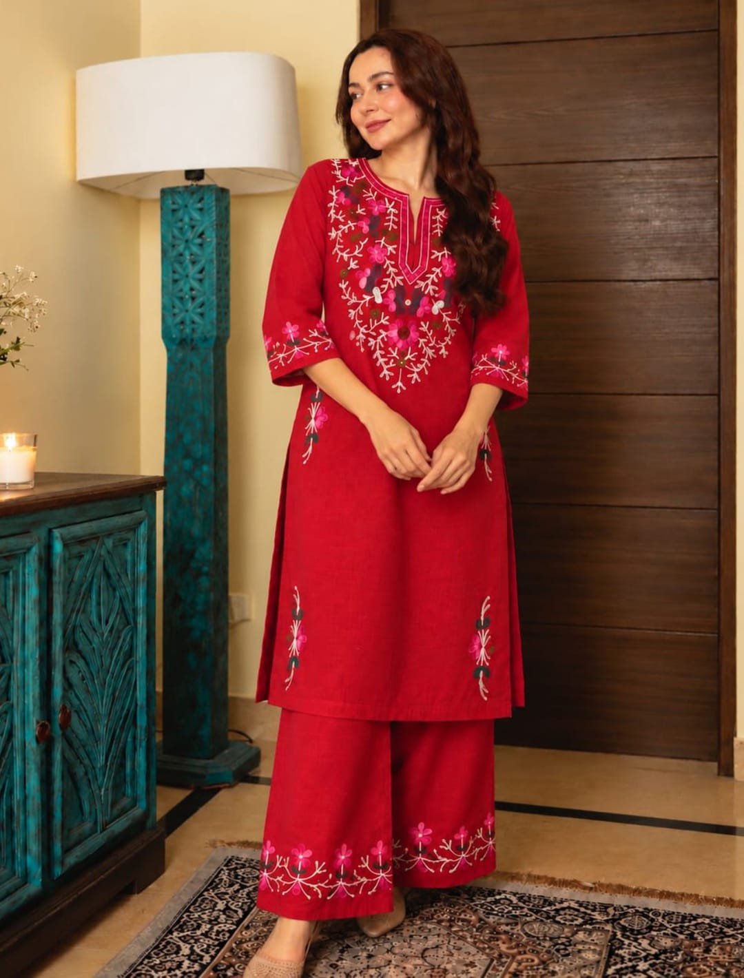 Floral Embroidered Cotton Blend Kurta Palazzo Set