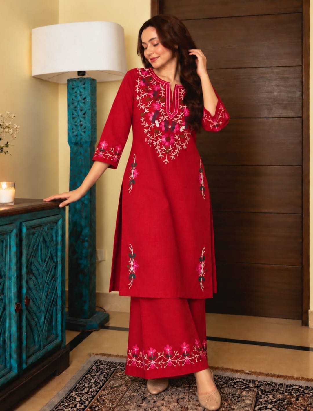 Floral Embroidered Cotton Blend Kurta Palazzo Set