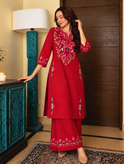 Floral Embroidered Cotton Blend Kurta Palazzo Set