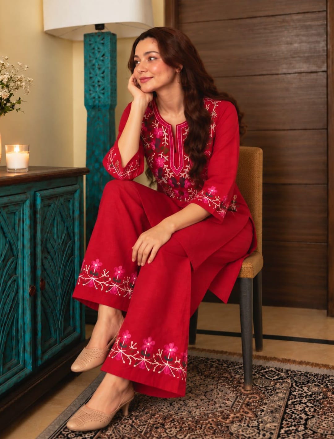Floral Embroidered Cotton Blend Kurta Palazzo Set
