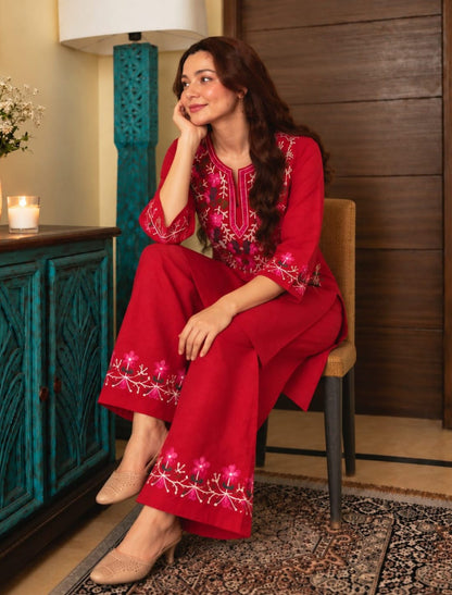 Floral Embroidered Cotton Blend Kurta Palazzo Set