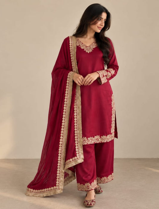 Premium Chinon Silk Lace Kurta Palazzo Set with Dupatta