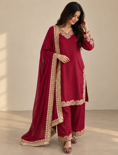 Premium Chinon Silk Lace Kurta Palazzo Set with Dupatta