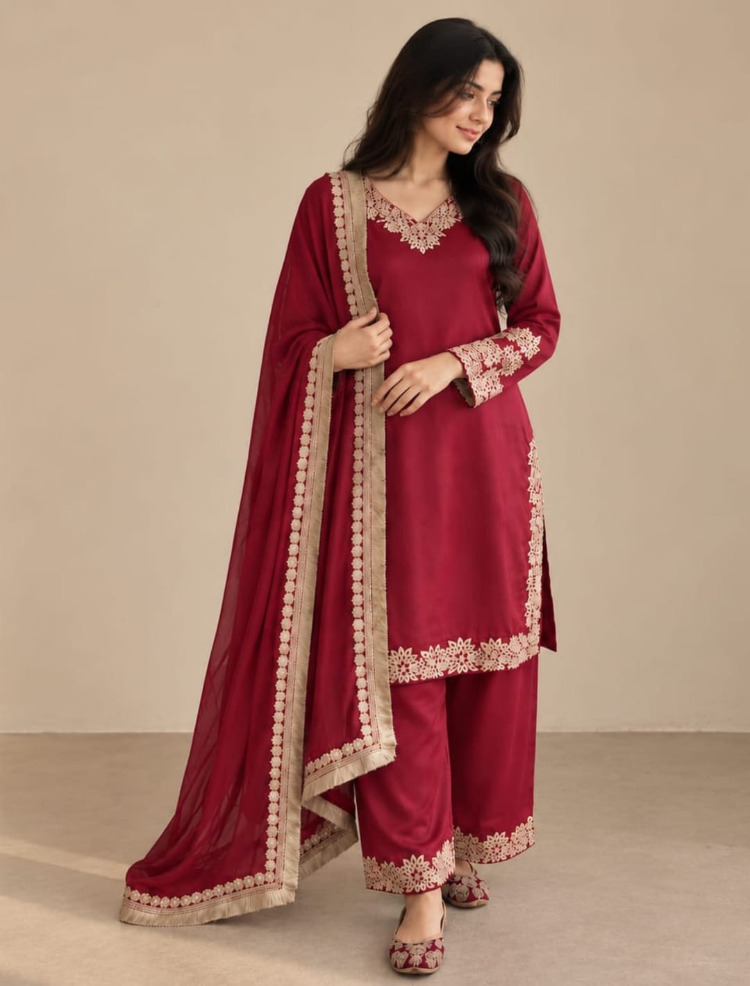 Premium Chinon Silk Lace Kurta Palazzo Set with Dupatta