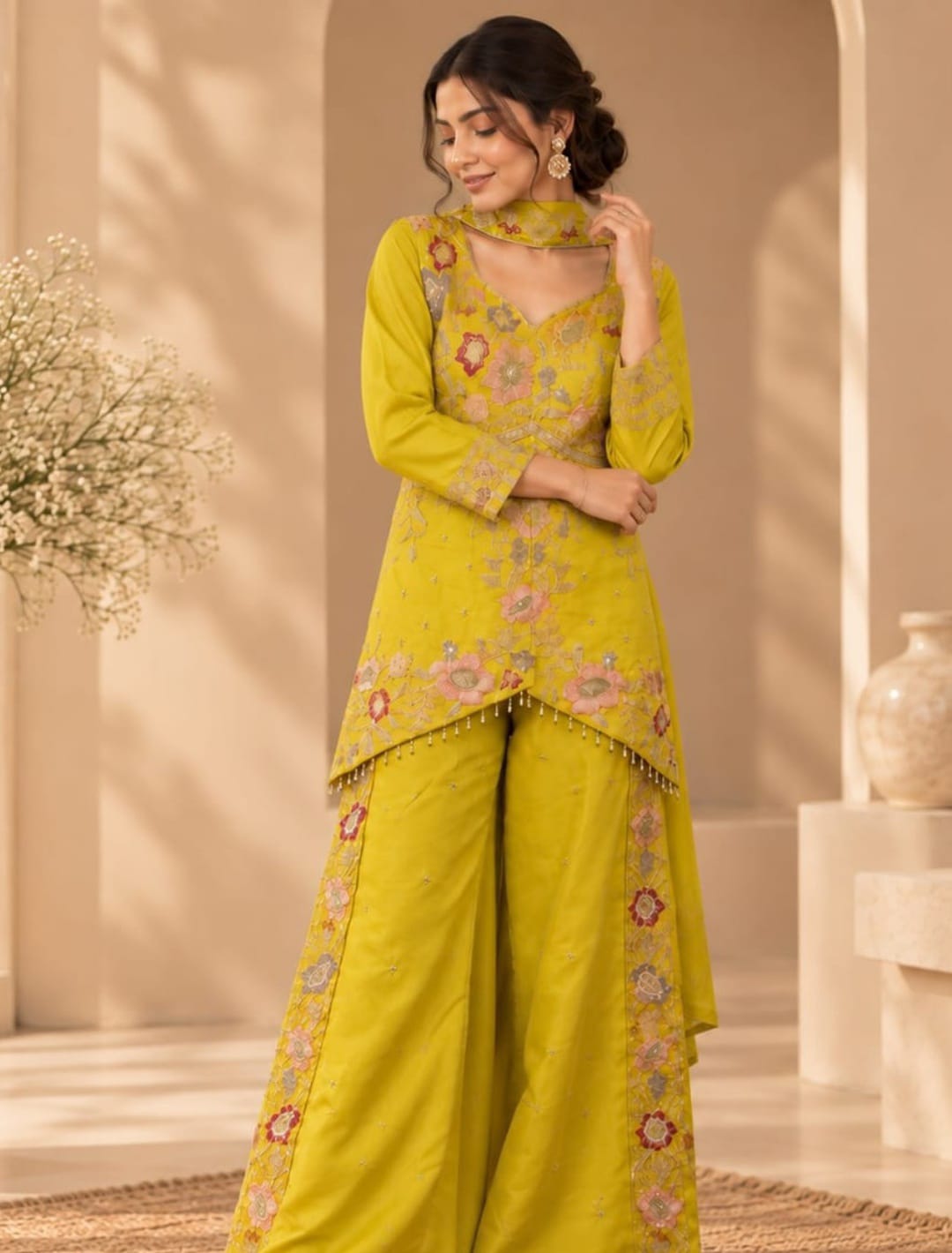 Floral Embroidered Asymmetrical Kurta Sharara Set