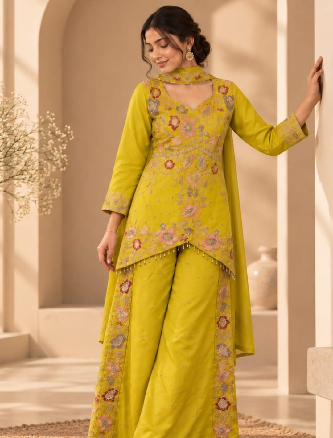 Floral Embroidered Asymmetrical Kurta Sharara Set