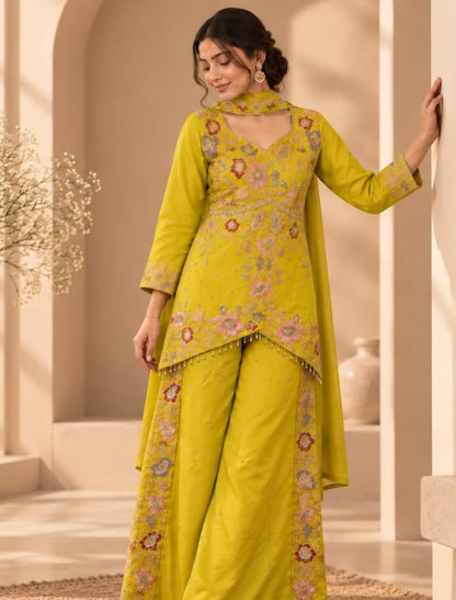 Floral Embroidered Asymmetrical Kurta Sharara Set