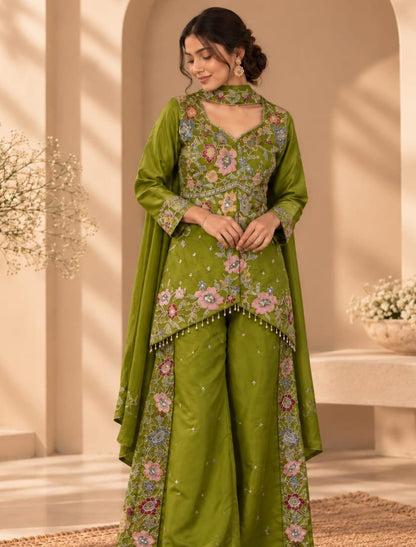 Floral Embroidered Asymmetrical Kurta Sharara Set