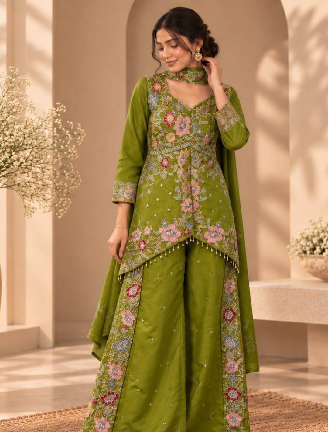 Floral Embroidered Asymmetrical Kurta Sharara Set