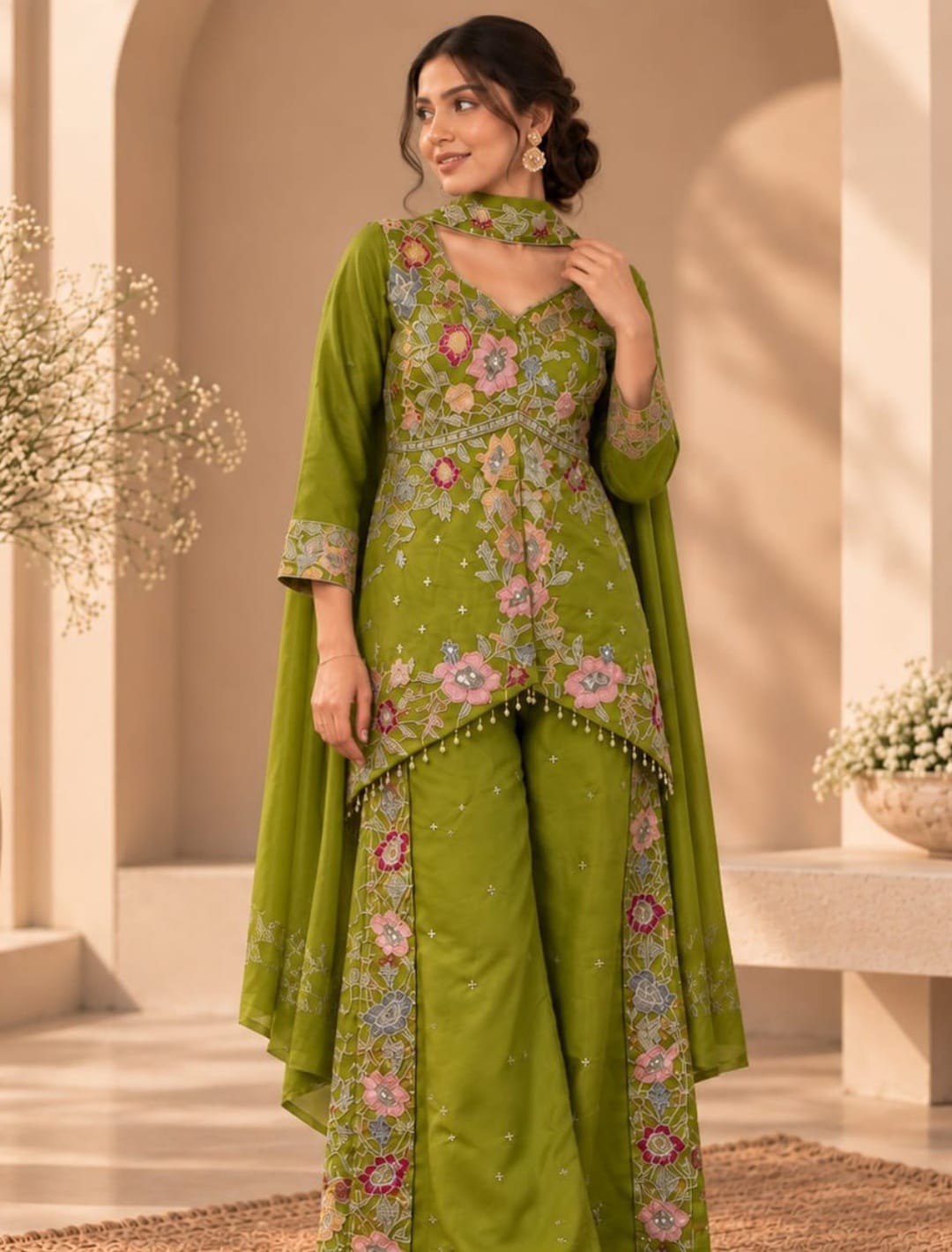 Floral Embroidered Asymmetrical Kurta Sharara Set