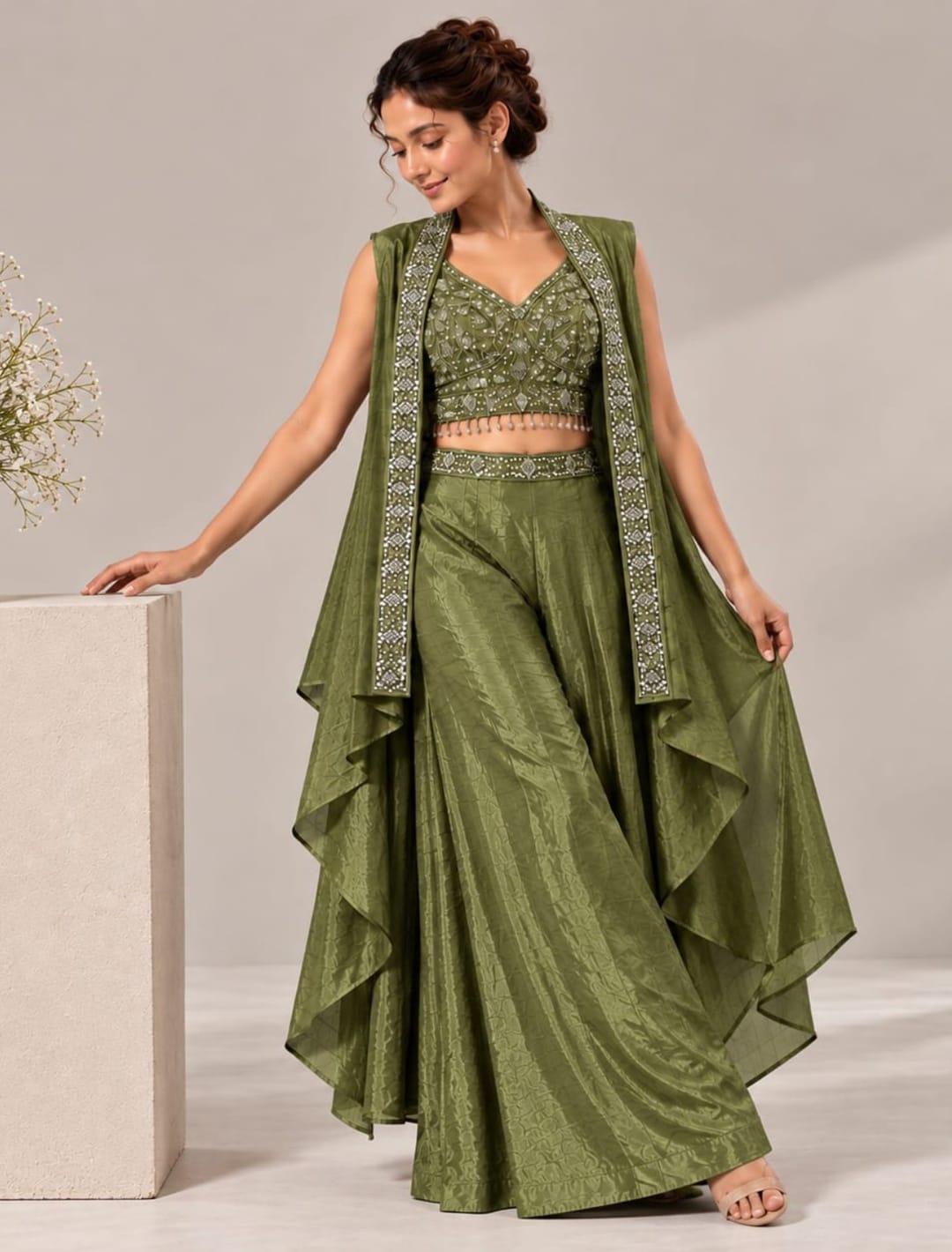 Zari Embellished Crop Top Palazzo Set with Cape Shrug