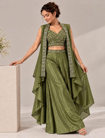 Zari Embellished Crop Top Palazzo Set with Cape Shrug