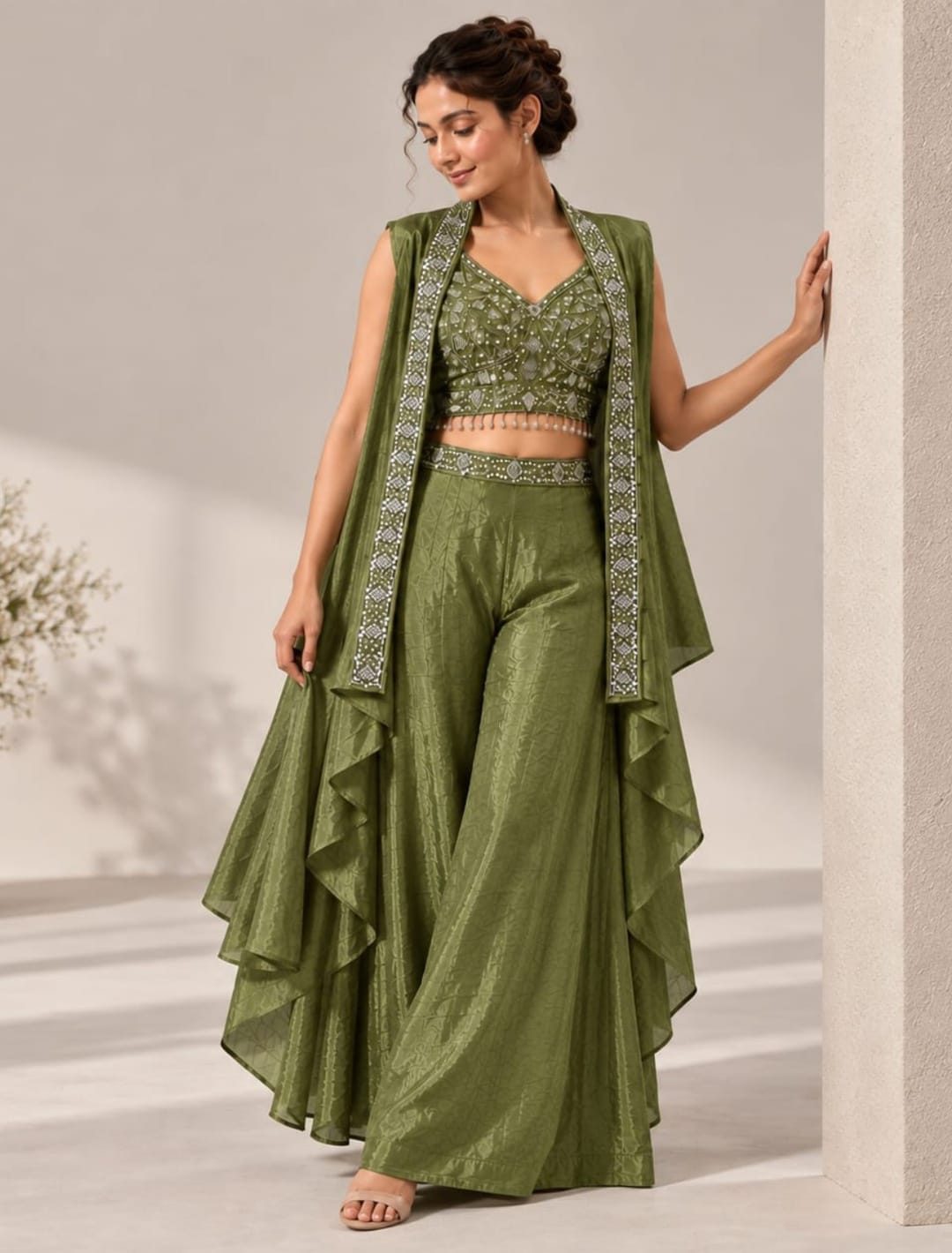 Zari Embellished Crop Top Palazzo Set with Cape Shrug