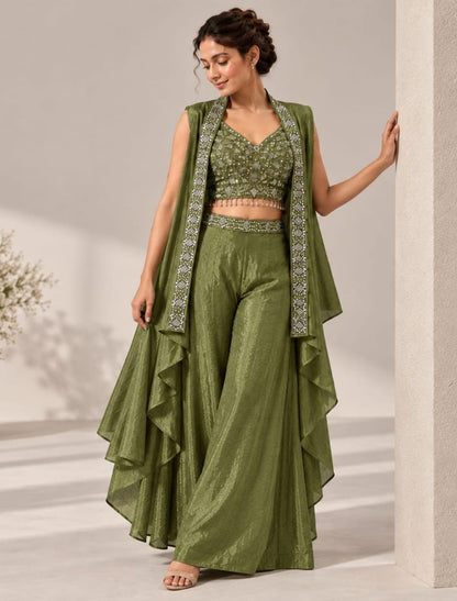 Zari Embellished Crop Top Palazzo Set with Cape Shrug